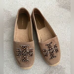 Tory Burch Women's  Suede Jewel Embellished Espadrille Flats size 7 almond